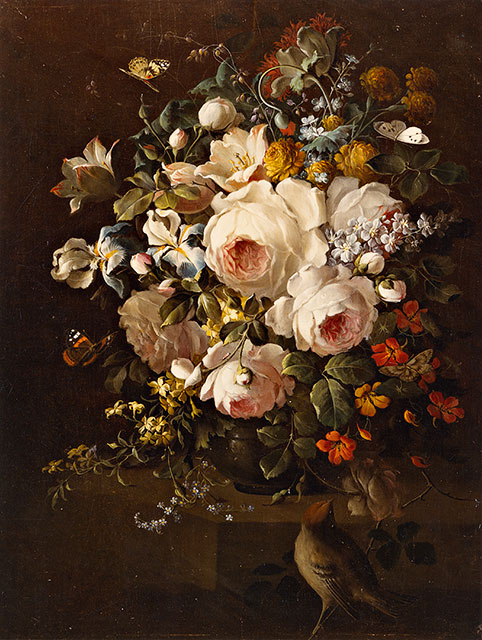 Anonimo — Anonimo fiammingo-olandese sec. XVII/ XVIII - Natura morta con vaso di fiori, farfalle e uccello — insieme